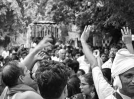 New Delhi, India July 01 2022 - A huge gathering of devotees from different parts of Delhi on the occasion of ratha yatra or rathyatra. Rath for Lord Jagannath pulled by people, Jagannath Rath Yatra photo