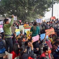 New Delhi, India December 25 2021 - Delhi Contractual Guest Teachers with posters, flags and graffitis protesting against Delhi AAP Government for making policy, Delhi Guest Teachers protesting photo