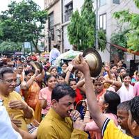 New Delhi, India July 01 2022 - A huge gathering of devotees from different parts of Delhi on the occasion of ratha yatra or rathyatra. Rath for Lord Jagannath pulled by people, Jagannath Rath Yatra photo