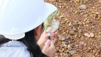 la geóloga que usa una lupa examina la naturaleza, analizando rocas o guijarros. los investigadores recolectan muestras de materiales biológicos. Investigación ambiental y ecológica. video
