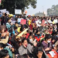 New Delhi, India December 25 2021 - Delhi Contractual Guest Teachers with posters, flags and graffitis protesting against Delhi AAP Government for making policy, Delhi Guest Teachers protesting photo