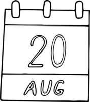 calendario dibujado a mano en estilo garabato. 20 de agosto. día, fecha. icono, elemento adhesivo para el diseño. planificación, vacaciones de negocios vector