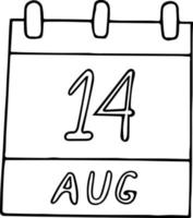 calendario dibujado a mano en estilo garabato. 14 de agosto. día, fecha. icono, elemento adhesivo para el diseño. planificación, vacaciones de negocios vector