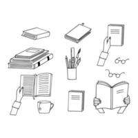 conjunto de libros dibujados a mano en estilo garabato. vector, minimalismo, monocromo. aprendizaje, conocimiento, lectura de cuentos cuento de hadas vector