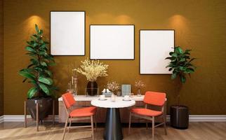 Stylish interior design of dining room with table chair, tropical plant in ceramic pot photo