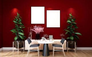 Stylish interior design of dining room with table chair, tropical plant in ceramic pot