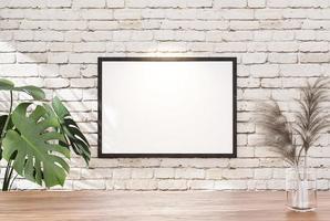 Empty room photo frame with brick tile wall, interior background image.