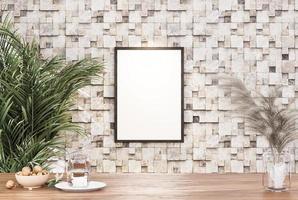 Empty room photo frame with tile wall, interior background image.