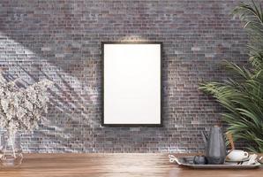 Empty room photo frame with black tile wall, interior background image.