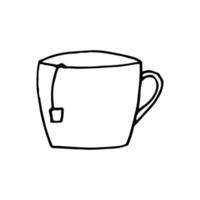 cup with tea bag hand drawn in doodle style. hot drink sketch. vector, minimalism, monochrome vector