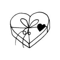 heart shaped gift box with ribbon and bow isolated on white. hand drawn in doodle style vector