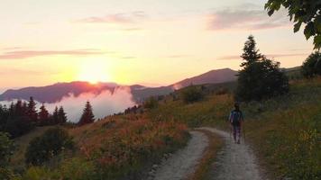statico vista posteriore escursionista zaino in spalla sul sentiero forestale godersi il tramonto drammatico sulle nuvole nelle remote montagne del Caucaso calda sera d'estate video