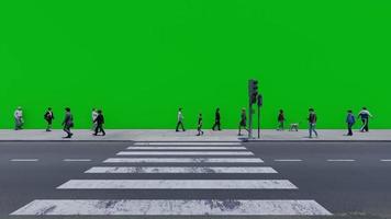 green screen video footage of people walking on a shopping street near a traffic light crossing