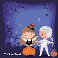 Trick or treat, cute kids celebrating halloween card vector