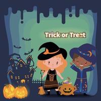 Trick or treat, cute kids celebrating halloween card vector