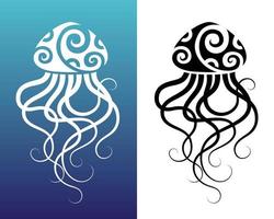 Jellyfish Maori style. Tattoo sketch or logo. Tribal ethno style. Blue gradient and white background. vector