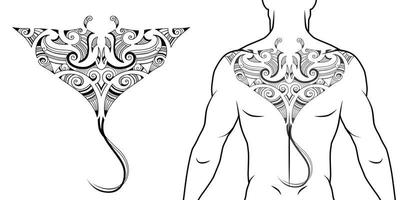 Maori tribal style tattoo pattern with manta ray fit for a back, chest. With example on body. For tattoo studio catalog. vector