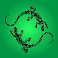 Lizards illustration Maori style. Round emblem or logo. White and green vector