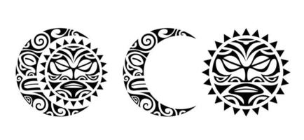 Set of tattoo sketch. Sun and moon maori tribal style. Round ornament. vector