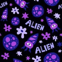 Alien and planet seamless pattern with lettering vector