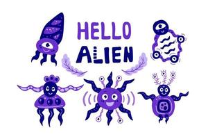 Set of friendly alien monsters with lettering vector