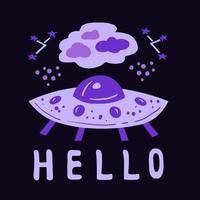 Alien UFO funny doodle art with lettering vector