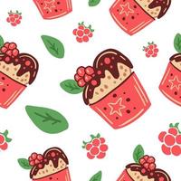 Pink raspberry dessert with chocolate seamless pattern vector