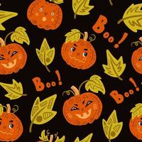 Halloween cute seamless background with pumpkins leaves lettering vector