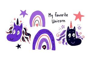 Unicorns rainbows stars set vector