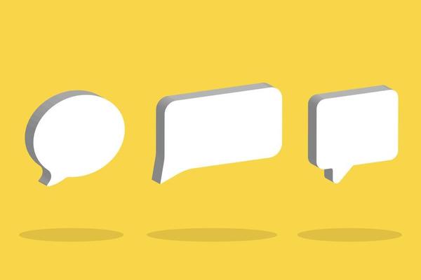 Set of 3D speech bubble icons, isolated on yellow background. 3D Chat icon set.