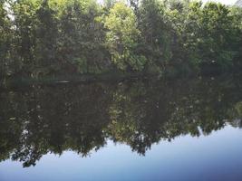 River or lake with green trees photo