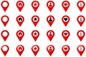 Location pin icon set with home, star, people, love and info symbols inside. Flat Vector illustration