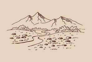 paisaje con montañas y bosques. ilustración dibujada a mano convertida en vector. vector