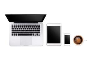 Laptop tablet smartphone  and coffee on white background with text space and copy space photo