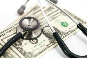 Health care costs. Stethoscope and money symbol for health care costs or medical insurance photo
