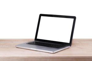 Front view of the laptop is on the work table and white background photo