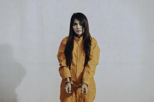 Prisoner in orange robe concept,Portrait of asian woman in Prison uniforms on white background, photo