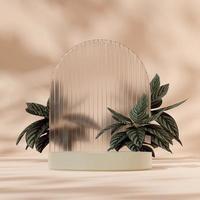 3D rendering mockup green podium in square with pink stripe calathea plant and blurred glass photo
