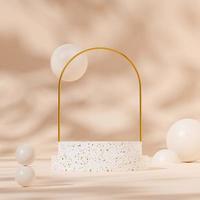 3D render template terrazzo podium mockup in square with gold arch and spheres photo