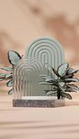 3D render template white and marble podium in portrait with calathea plant, light brown background photo