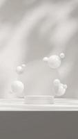 3d rendering mock up template of white podium in portrait with frosted glass and floating ball photo