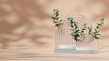 3D render template terrazzo podium in landscape with green plants, glass block, brown background photo