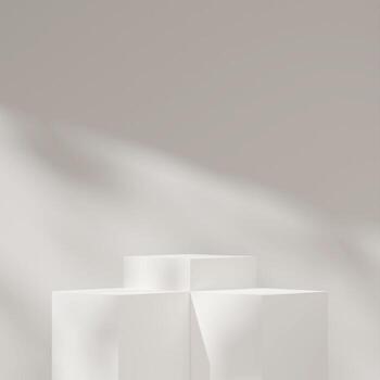 3d image rendering mockup of white podium in square template with sun shadow background photo