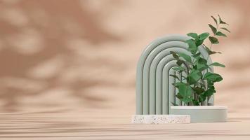 3D render template terrazzo and green podium in landscape with leaf plant and light brown background photo