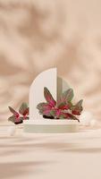 3D rendering mockup green white podium in portrait with half arch, red chinese evergreen and sphere photo