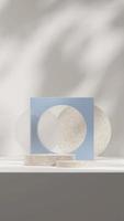 3d rendering mock up of terrazzo podium in portrait with blue backdrop and white wall photo