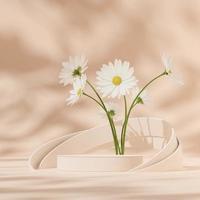 3D rendering mockup white podium with daisy flower, shadow and ring backdrop in square photo