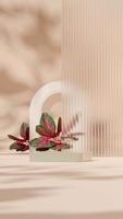 3D render mockup template green podium in portrait with blurred glass and red chinese evergreen photo