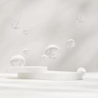 3d rendering mockup of white podium in square with floating glass sphere backdrop photo