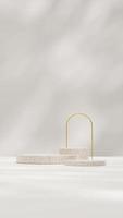 3d render template mockup of terrazzo podium in portrait with gold arch and sun shadow background photo